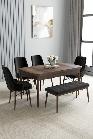 Loft Barok Desen 80x132 Açılabilir Mdf Masa Yemek Odası Takımı, Mutfak Takımı 4 Sandalye, 1 Bench Siyah