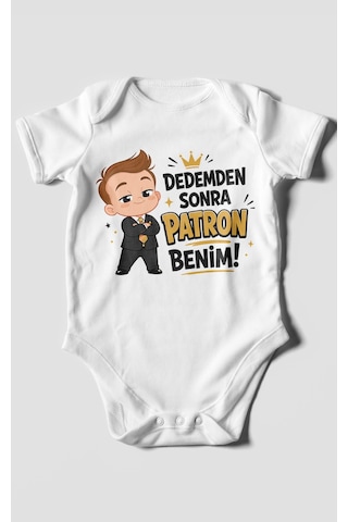 Morivokids Dedemden Sonra Patron Benim Kısa Kollu Bebek Body %100 Pamuk Beyaz