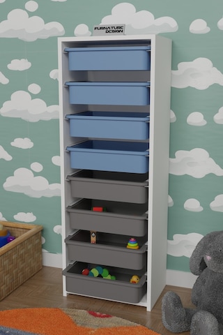 8 Sepetli Çok Amaçlı Dolap Oyuncak Mutfak Dolabı - Beyaz-mavi&gri
