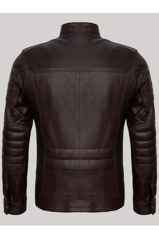 Hakiki Kuzu Derisi Kahverengi Koldan Düz Çizgili Fermuarlı Dört Cepli Erkek Deri Mont Kahverengi