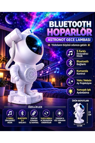 Astronot Yıldızlı Gökyüzü Projeksiyon Lambası Hoparlörlü Renkli Led Gece Lambası Dekoratif Işık Kumandalı Beyaz