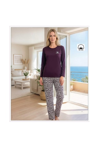 Melodi Kadın Standart Kalıp %100 Pamuk Bisiklet Yaka Uzun Kollu Baharlık Pijama Takımı 16233 - 1 Adet Mor