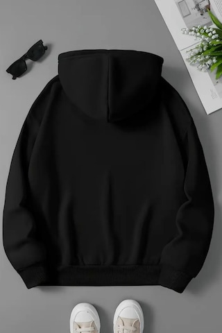 Unisex Siyah Kapüşonlu Fermuarlı Sweatshirt Minik Pandalar Cep Detay Baskılı, Şardonlu Kalın Kumaş Siyah