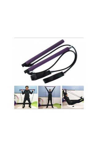 Leyaton Portable Pilates Studio Jimnastik Çubuğu, 90 Cm, 2 Direnç Lastiği, Mor Çok Renkli