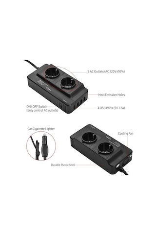 Besthome1 Araba Çakmaklığı Usb Invertör - 220v Ac 200w 12v Dc Dönüşüm Siyah Anahtarlı