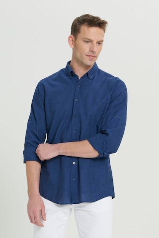 AC&Co / Altınyıldız Classics ERKEK INDIGO Comfort Fit Rahat Kesim Düğmeli Yaka Casual Keten Gömlek İndigo