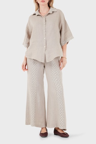 Via Dante % 100 Keten Relaxed Fit Brode İşlemeli Pantolon Bayan Pantolon 69912211 Vizon
