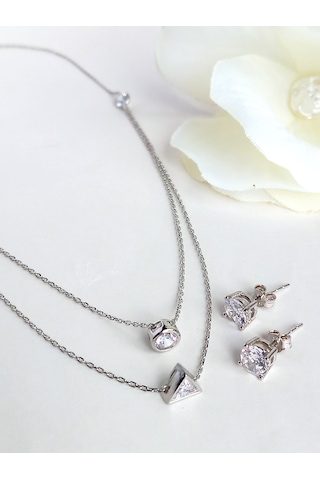 18 Ayar Altın Kaplama Tek Taş Modern Tasarım Gümüş Kadın Kolye Kü