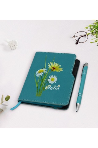 Kişiye Özel Papatya Temalı Turkuaz Termo Deri Defter Kalem Seti-1 N11.4153