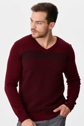 Desen Triko Erkek Desenli V Yaka Yün Kazak 0249640 Bordo Bordo
