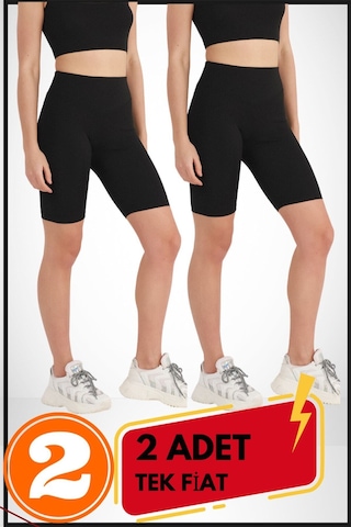 Kadın Kısa Siyah Şort Tayt 2'li Paket Lycralı Yüksek Bel Toparlayıcı Mevsimlik Biker 21070 Siyah - Siyah