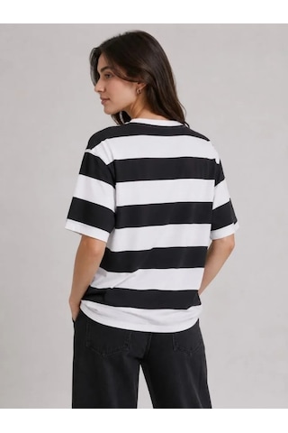 Efnaz Style Çizgili Oversize Tişört Bisiklet Yaka Kısa Kol Yazlık T-shirt - Siyah