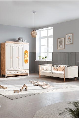 Soft Meşe Çocuk Odası Takımı, Soft Meşe 4 Kapaklı Dolap, Perla Karyola Beyaz
