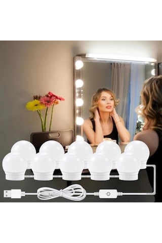Nostalji Hollywood Tarzı 10lu Makyaj Masası Aynası Beyaz Led Işıklı Lamba Usb Çok Renkli