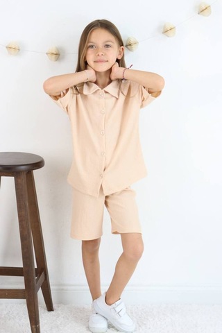 Gömlek Oversize Kız Şort Takım Bej