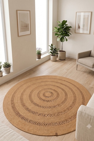 Jüt Hasır Yuvarlak Kilim Halı Yolluk Dekoratif Örgü Halı Doğal Görünümlü Bohem Kilim Salon Oturma Odası Balkon Mutfak Yatak Odası Koridor 7121bambu