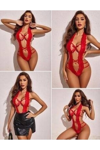 Ang Butik Kadın Kırmızı Dantelli Derin Dekolteli Babydoll