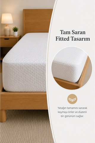 Fitted Bazalı Sıvı Geçirmez Yatak Alezi Ve 2'li Yastık Alez Koruyucusu Beyaz Beyaz