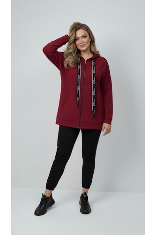 Koza Butik Kadın Büyük Beden Uzun Kollu Kapüşonlu Fermuar Detaylı Sweatshirt 2007 Bordo