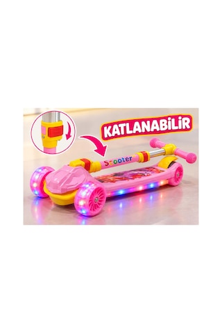 Scooter Led Işıklı 3tekerli Müzikli Katlanabilir Dayanıklı Gövde 3+yaş Pembe