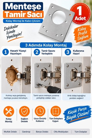Menteşe Tamir Sacı 1 Adet Dolap Kapak Menteşe Yuvası Onarım Plakası Metal Tamir Aparatı Çok Renkli
