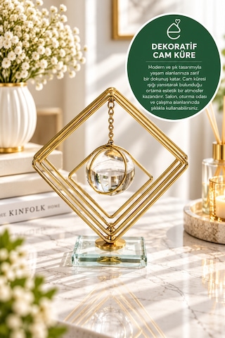 Evonıta Dekoratif Cam Küreli Geometrik Kare Biblo Altın Renk Kristal Tabanlı Sallanan Küre Masa Üstü Konsol Salon Dekoru