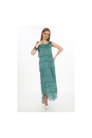 İnce Gösteren Kat Kat Kolsuz Ipek Elbise-8769 Filizi Mint