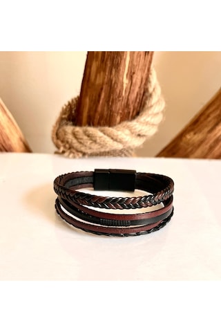 %100 Deri 5li Kombin Kahverengi Erkek Bileklik 21cm Türk Üretim Kahverengi - Siyah