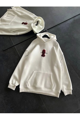 Üç İplik Kapşonlu Baskılı Oversize Sweatshirt- Beyaz Beyaz