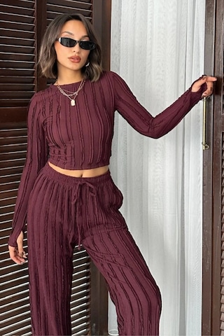 Trend Alisse Bordo Kışlık Premium Fitilli Parmak Geçmeli Crop Bluz Bol Paça Pantolon Takımı