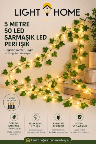 5 Metre 50 Led Li Yapay Sarmaşık Peri Işık Balkon, Bahçe, Oda Ve Duvar Dekoru Sarı