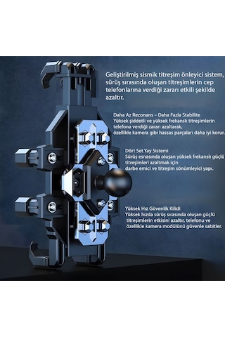 H08 Titreşim Önleyici Motosiklet Telefon Tutucu | CNC Alüminyum Gövde, 8 Kıskaçlı Güçlü Kilit, Kamera Korumalı, Evrensel Uyum