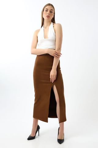 Winmoda34 Kadın Uzun Kemerli 92cm Maxi Boy Yırtmaçlı Süet Etek Kahverengi