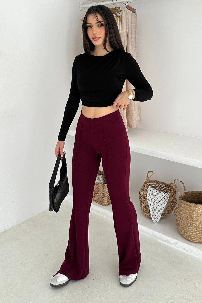 Kadın Yüksek Bel İspanyol Paça Tayt Retro & Şehirli Stil Bordo