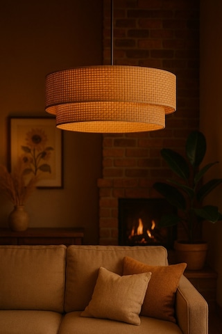 Modern Doğal Hazeran Rattan 2 Katlı Hasır Avize Kahverengi