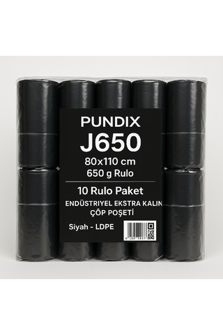 Pundix Pundıx J650 Endüstriyel Jumbo Boy Çöp Poşeti 80x110 Cm 1 Koli 10 Rulo / 100 Adet Dayanıklı, Sızdırmaz Ve Geniş Hacimli Çöp Torbası