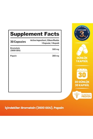Kiperin Bromelain 2500 Gdu & Papain - Doğal Proteolitik Enzim 30 Kapsül & 700mg Akıllı Gıda Takviyesi