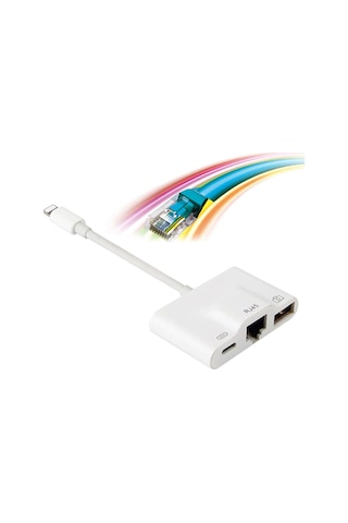 Winex 3in1 Lightning to RJ45 + UsbA + Lightning Şarj Girişli Dönüştürücü Adaptör