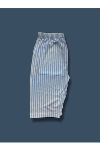 Desenli Penye Diz Altı Büyük Beden Anne Kadın Kapri Mavi Çizgili