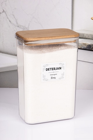 Ahşap Vakumlu Kapaklı Toz Deterjan Kutusu 3 Litre 2,5 Kg Kapasiteli Şeffaf