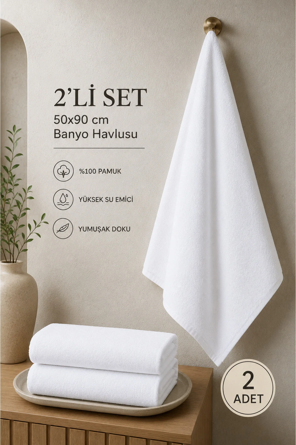 2'li 270gr 50x90 Cm Beyaz El Yüz Havlusu Seti %100 Pamuk Yumuşak Dokulu Yüksek Emici Düz Havlu