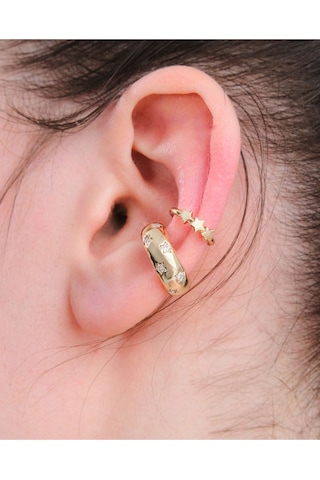 Gold Renk 2 Li Yıldız Zirkon Taşlı Earcuff Seti Renkli