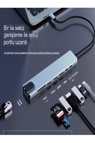 8in1 Aluminium Pd100w Hızlı Şarj 4k 1xethernet 1xhdm 2xusb 2xtype-c Tf/sd Usb Çoklayıcı Çevirici