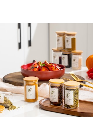 Porsima 3178 Cam 6 Parça Vakumlu Bambu Kapaklı Baharatlık Seti Takımı, Saklama Kabı Etiketli 150ml ŞEffaf