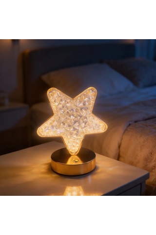 Yıldız Model Kristal Led Masa Lambası Dokunmatik, 3 Renk Işık Modlu, Şarjlı Mini Dekoratif Gece Lambası Beyaz