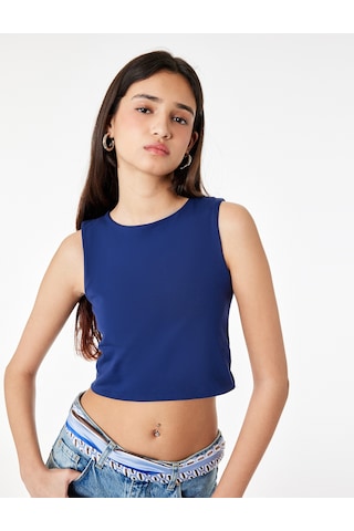 Koton Kolsuz Bisiklet Yaka Slim Fit Crop Bluz Lacivert 6sal30050ık