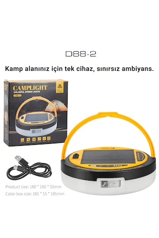 İdragon D88-2 Güneş Enerjili Kamp Lambası Rgb Işıklı, 4500mah Powerbank, 10m Işık Dizisi, Type-c Sarı