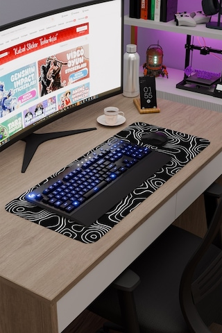 Siyah Beyaz 70x30 Xl Taraftar Gaming Oyuncu Mouse Pad Kaymaz Taban Büyük Fare Altlığı Topography