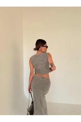 Uzun Etekli Önü Düğmeli Badi İkili Takım- Gri Çok Renkli