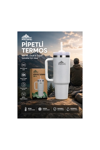 North Pacific 900 Ml Pipetli Termos Bardak Beyaz Paslanmaz Çelik Çift Katmanlı Vakumlu Seyahat Kupası Beyaz